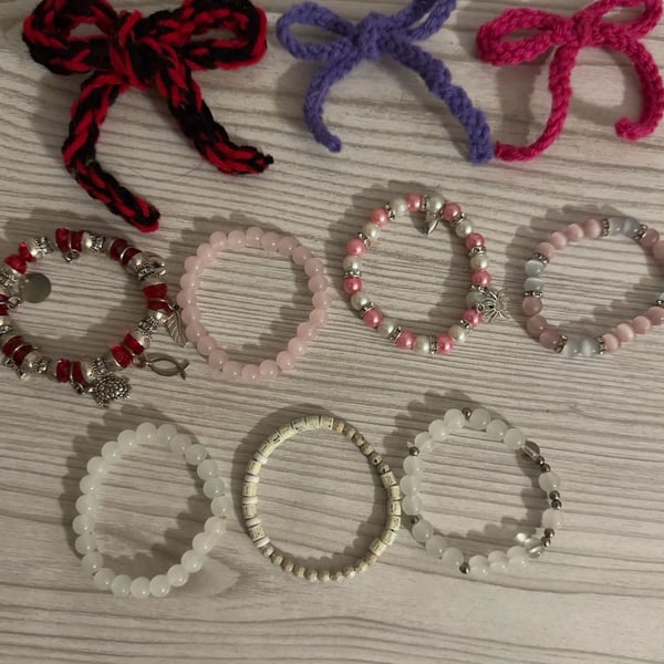 Handmade Beaded Elastic Bracelet and Crochet Hair Bow Bundle - 10 Piece Set