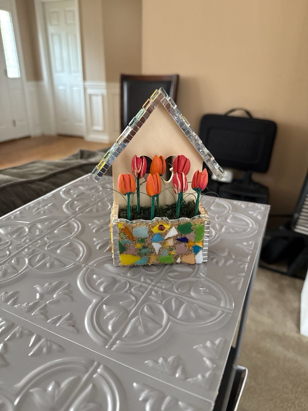 Handmade Mosaic Tile Wood Birdhouse Wall Decor with Faux Tulips 1