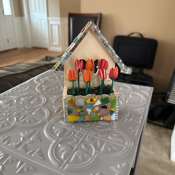 Handmade Mosaic Tile Wood Birdhouse Wall Decor with Faux Tulips