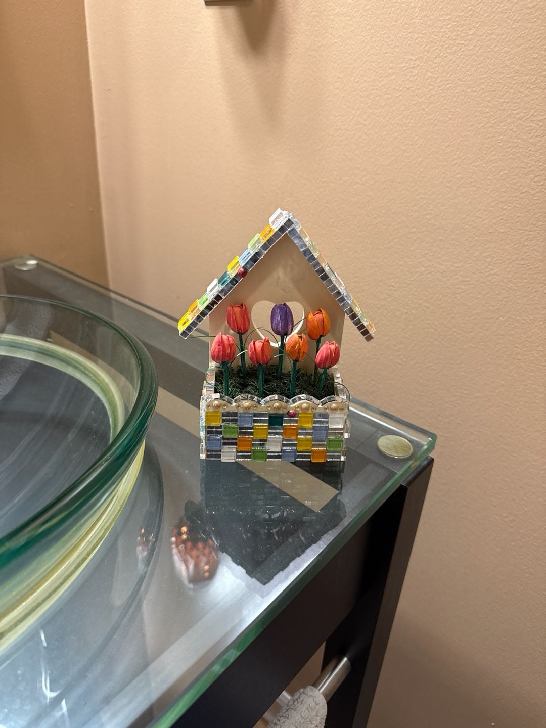 Handcrafted Glass Mosaic Birdhouse with Artificial Tulips and Heart Cutout Floral Decor 1