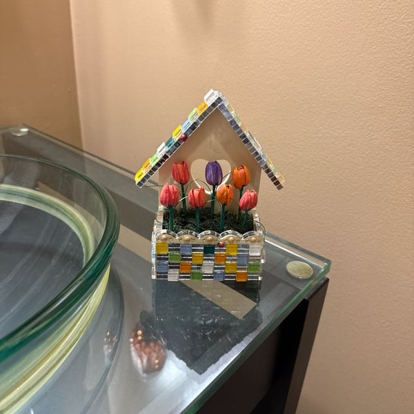 Handcrafted Glass Mosaic Birdhouse with Artificial Tulips and Heart Cutout Floral Decor