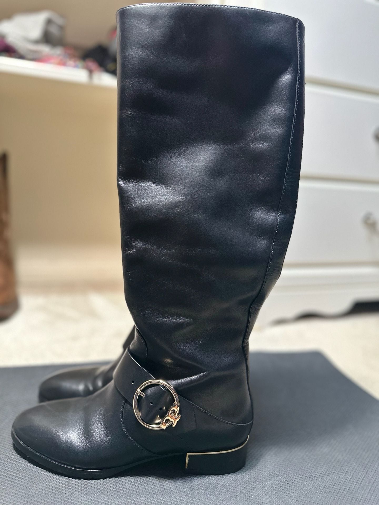 Tory Burch Sofia Black Leather Buckled Riding Boots 7