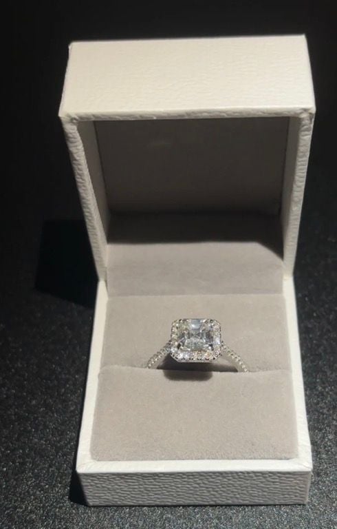 2.50 Carat Radiant Cut Moissanite Halo Engagement Ring in 14K White Gold Plated Silver 1