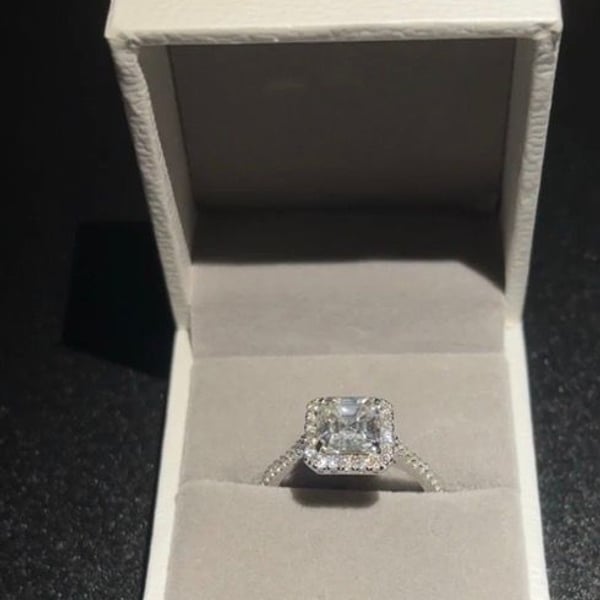 2.50 Carat Radiant Cut Moissanite Halo Engagement Ring in 14K White Gold Plated Silver