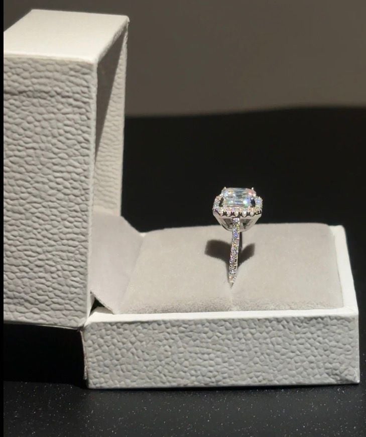 2.50 Carat Radiant Cut Moissanite Halo Engagement Ring in 14K White Gold Plated Silver 3