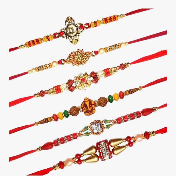 Crunchy Fashion Pack of 6 Designer Rakhi Set for Brother with Rudraksh & Beads
