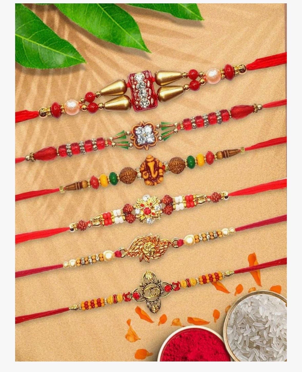 Crunchy Fashion Pack of 6 Designer Rakhi Set for Brother with Rudraksh & Beads 3