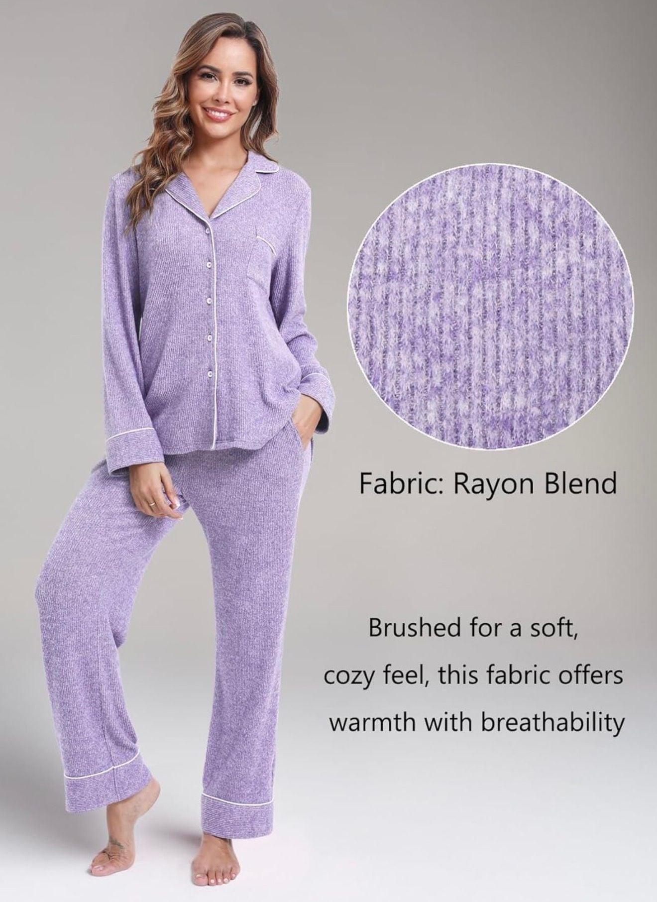 MANBEIYA Women's Soft Brushed Rayon Pajama Set Button Down Long Sleeve Sleepwear with Contrast Piping 3