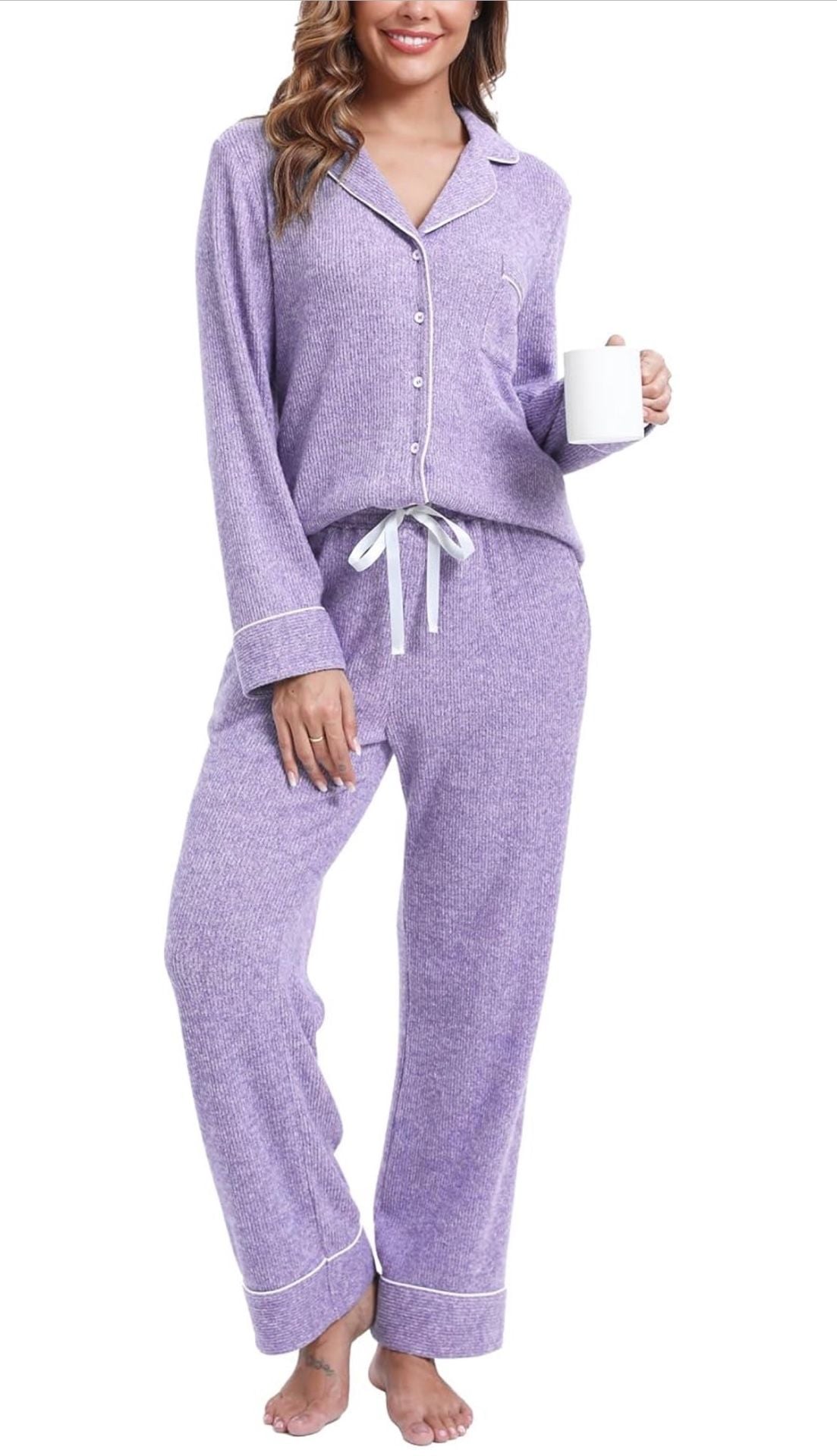 MANBEIYA Women's Soft Brushed Rayon Pajama Set Button Down Long Sleeve Sleepwear with Contrast Piping 4