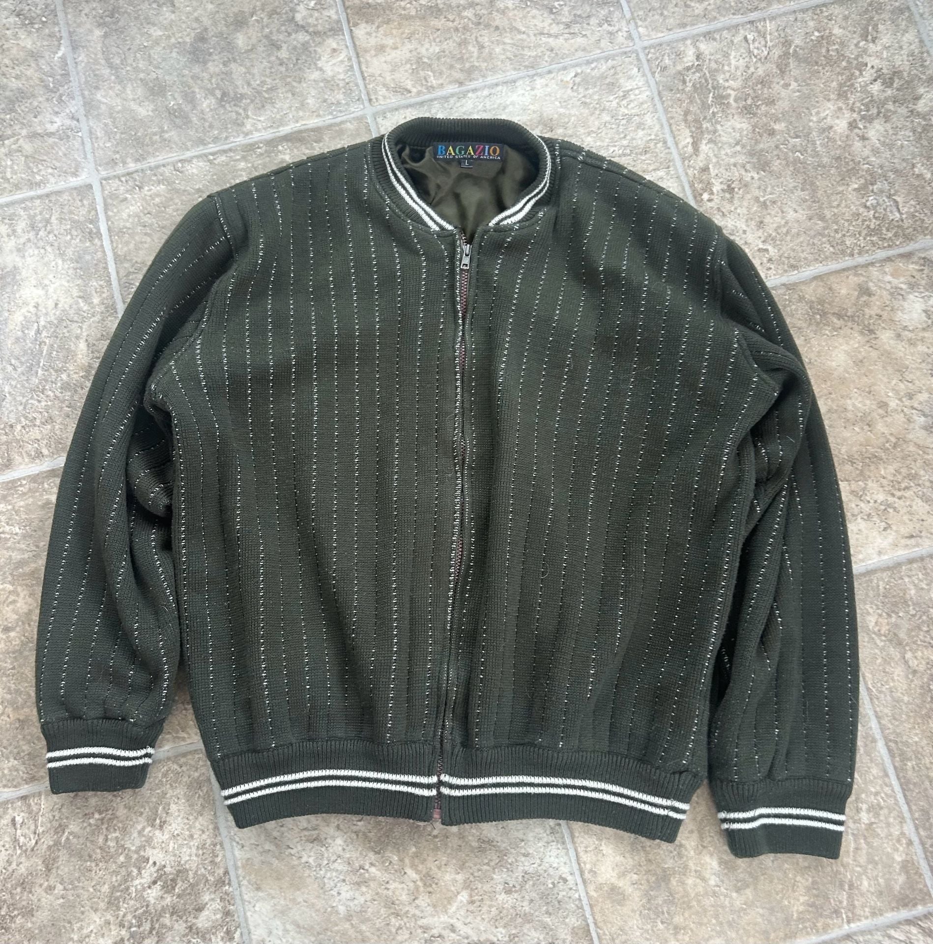 Vintage Bagazio Olive Green Full Zip Knit Bomber Jacket with Vertical Stripes 2