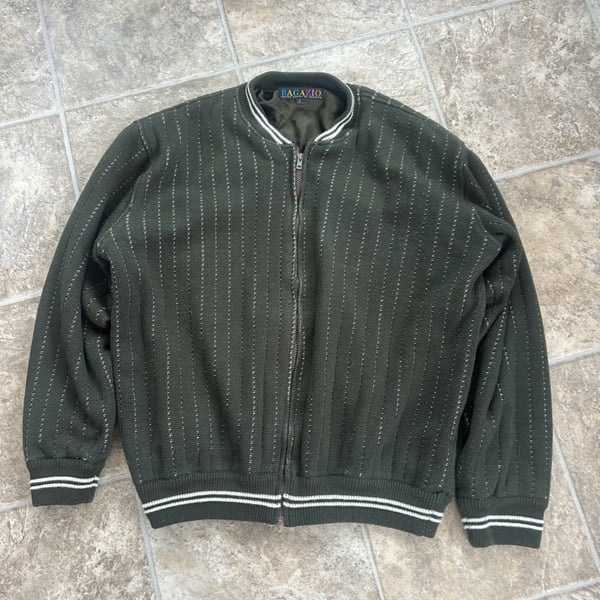 Vintage Bagazio Olive Green Full Zip Knit Bomber Jacket with Vertical Stripes