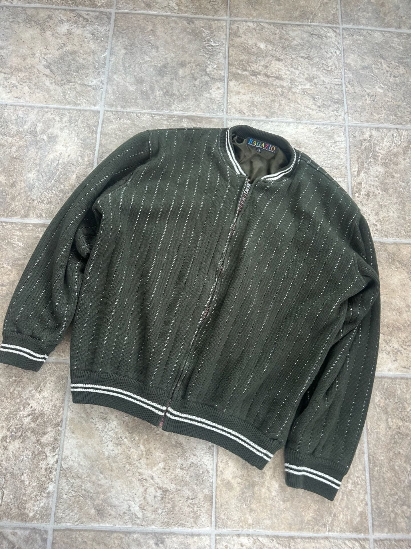 Vintage Bagazio Olive Green Full Zip Knit Bomber Jacket with Vertical Stripes 3