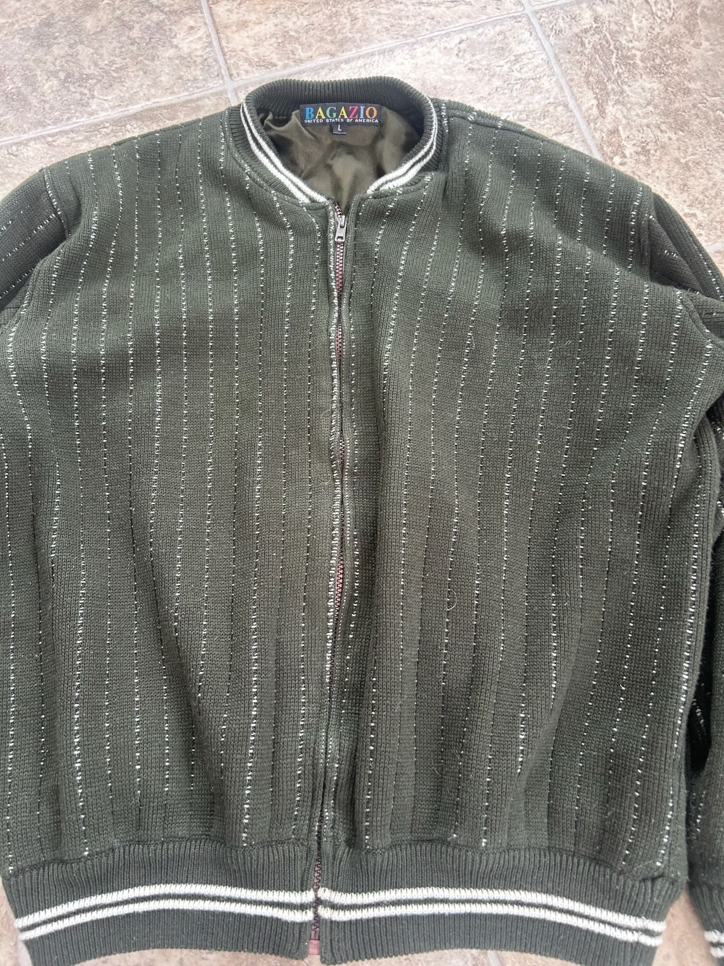 Vintage Bagazio Olive Green Full Zip Knit Bomber Jacket with Vertical Stripes 4