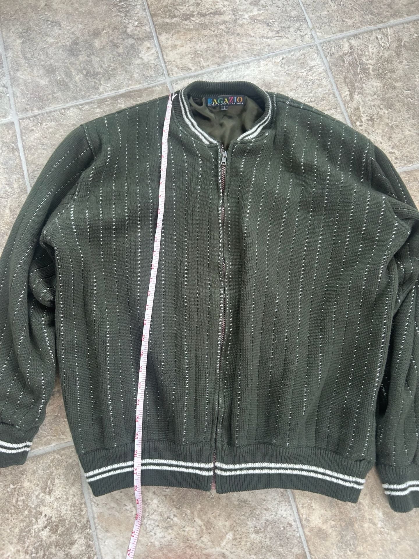 Vintage Bagazio Olive Green Full Zip Knit Bomber Jacket with Vertical Stripes 5