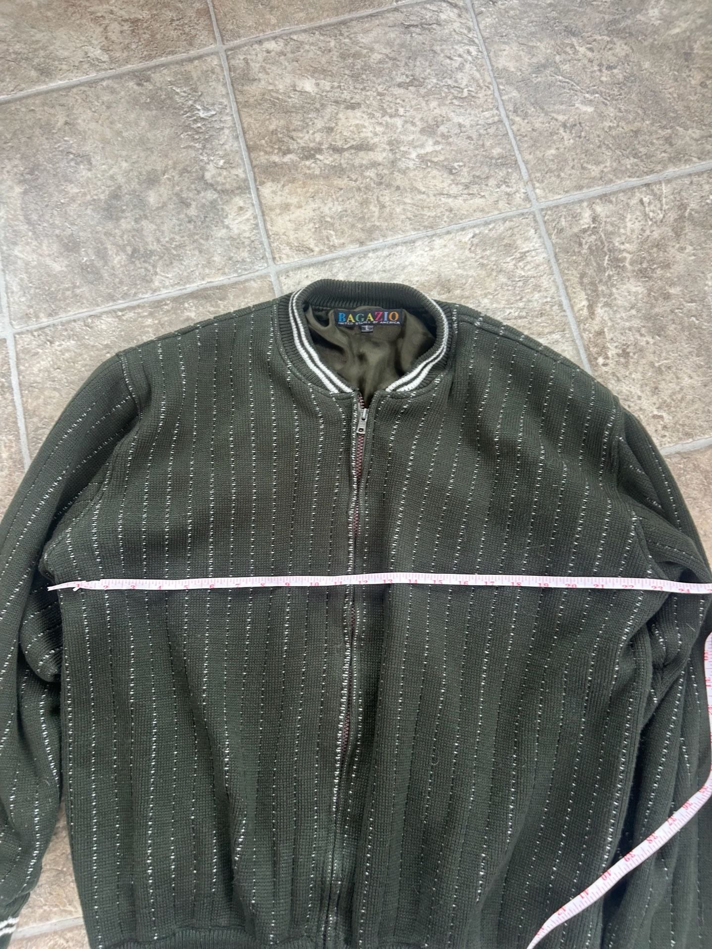 Vintage Bagazio Olive Green Full Zip Knit Bomber Jacket with Vertical Stripes 7