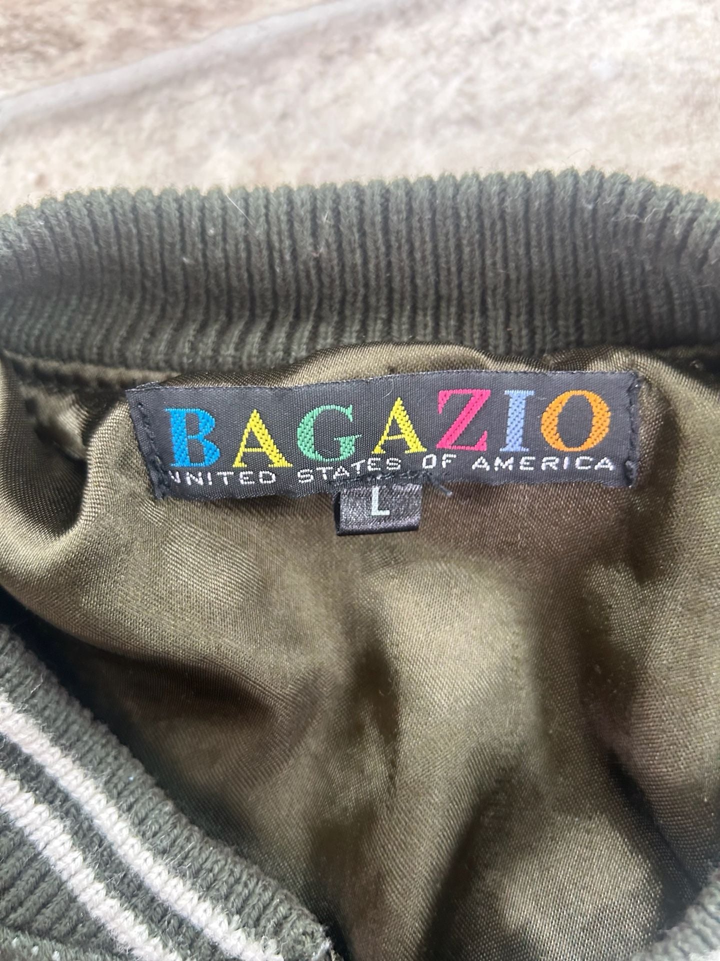 Vintage Bagazio Olive Green Full Zip Knit Bomber Jacket with Vertical Stripes 9