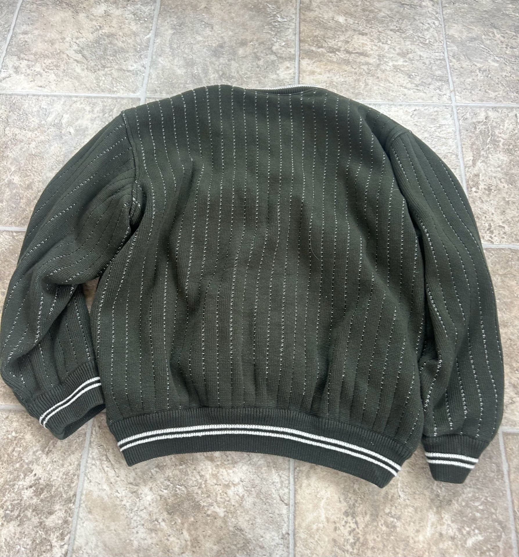 Vintage Bagazio Olive Green Full Zip Knit Bomber Jacket with Vertical Stripes 12