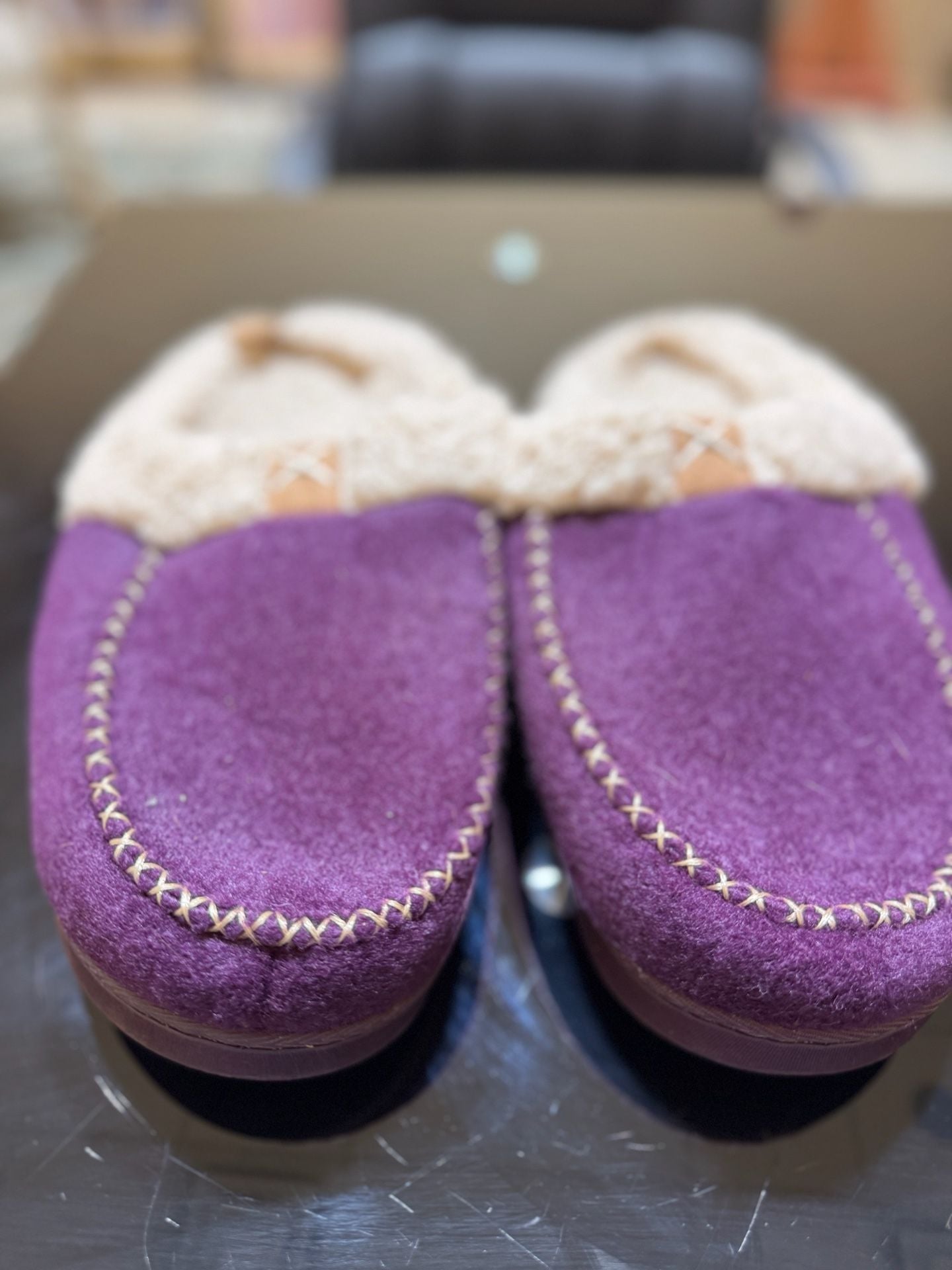 LongBay Women's Purple Faux Wool Sherpa Lined Memory Foam Moccasin Slippers 9