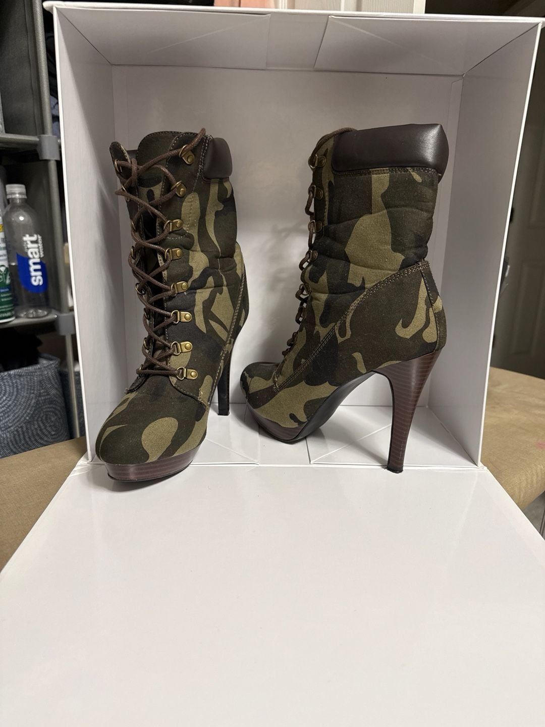 ShoeDazzle Jacelyn Camouflage Lace-Up Stiletto Platform Booties 2