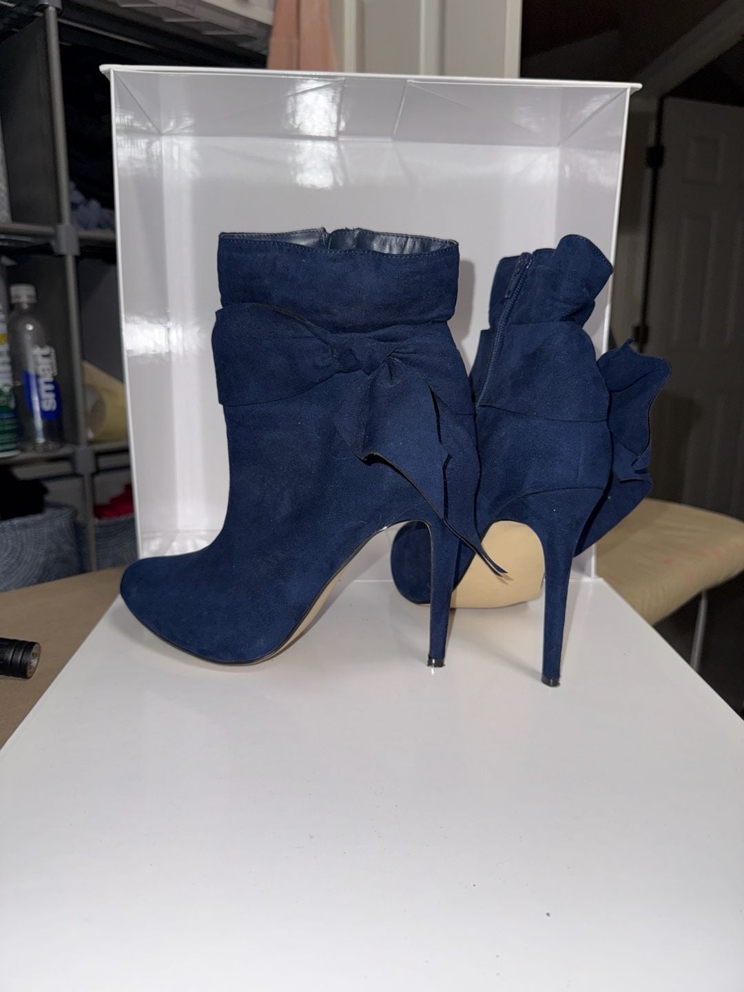ShoeDazzle Navy Blue Faux Suede Bow Accent Stiletto Ankle Booties 2
