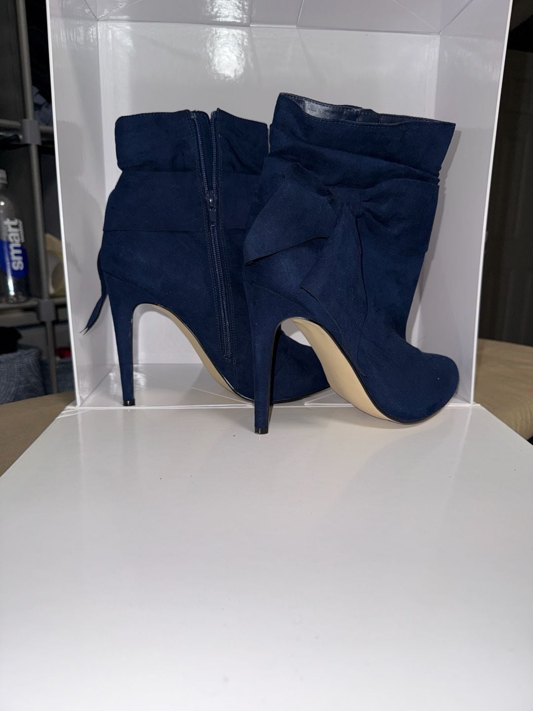 ShoeDazzle Navy Blue Faux Suede Bow Accent Stiletto Ankle Booties 4