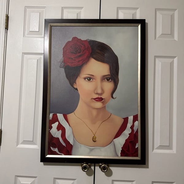 Large Framed Portrait Painting, Woman with Red Rose, Spanish Style Decor, Custom Framed Canvas Art