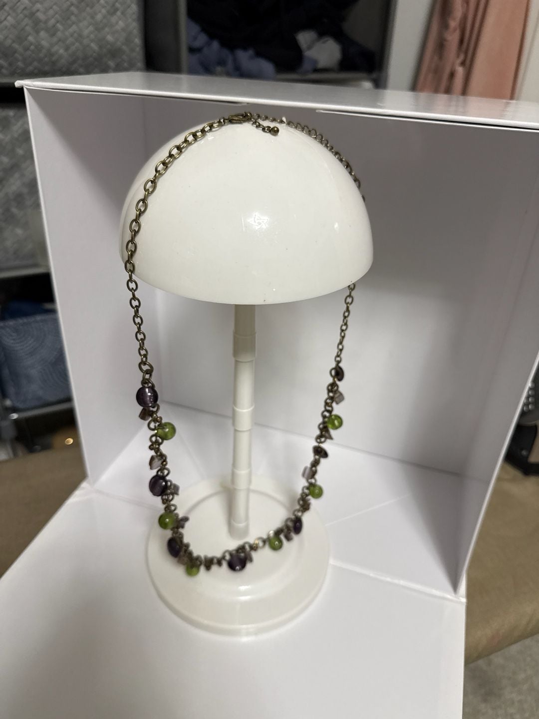 Vintage Bronze Tone Chain Necklace with Purple & Green Glass Beads 2
