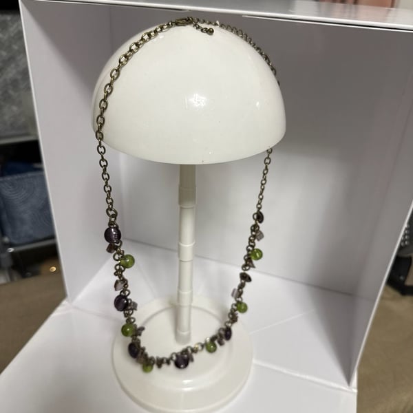 Vintage Bronze Tone Chain Necklace with Purple & Green Glass Beads