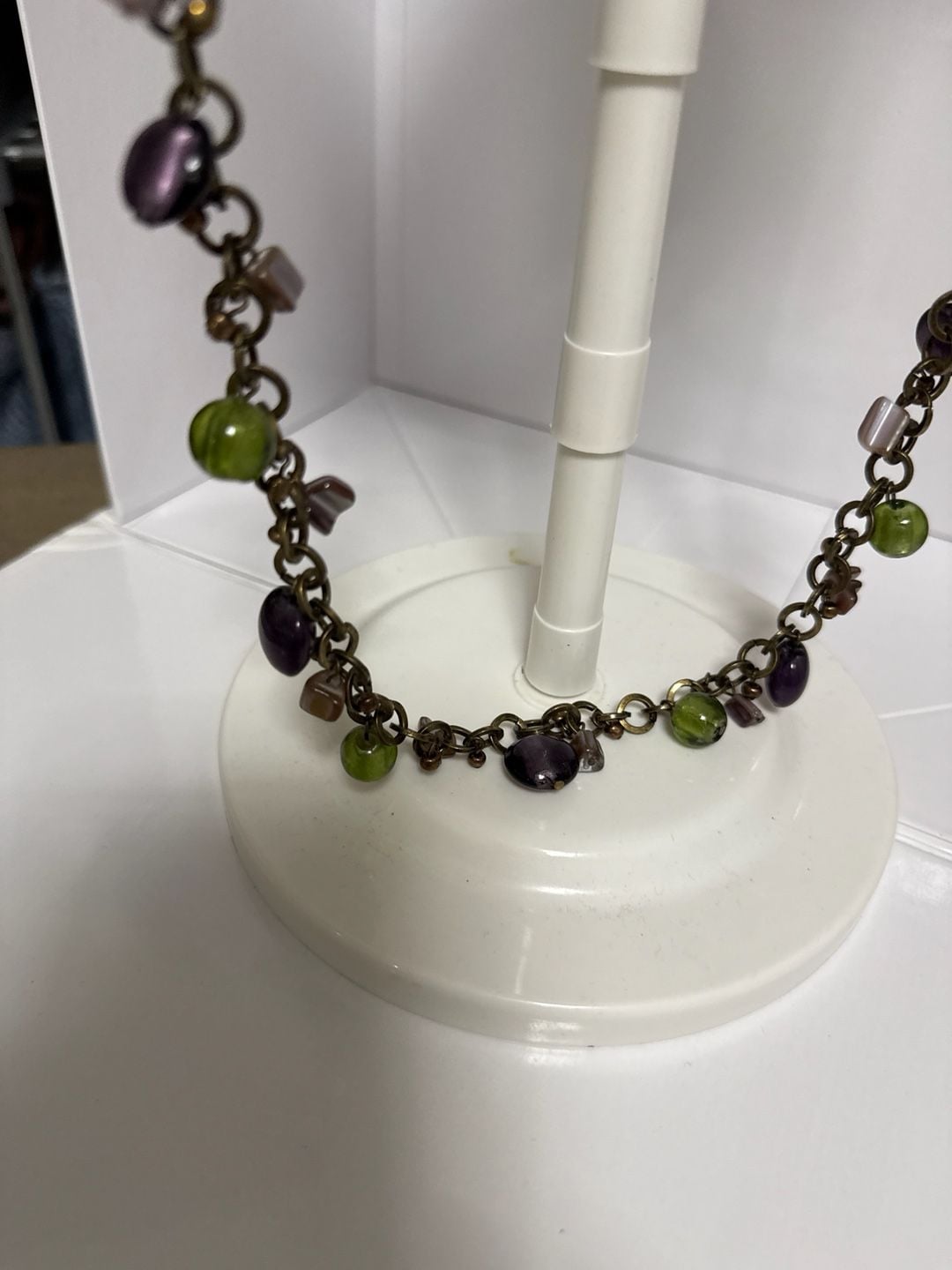 Vintage Bronze Tone Chain Necklace with Purple & Green Glass Beads 3