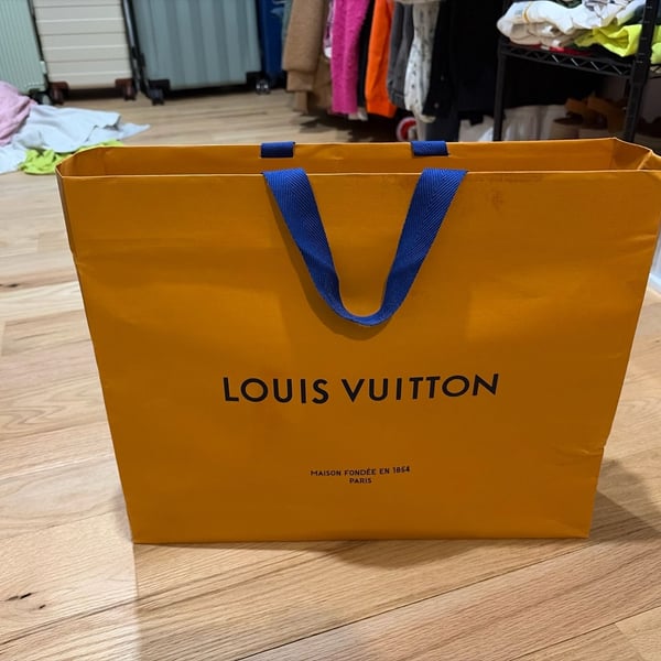 Authentic Louis Vuitton Signature Imperial Saffron Paper Shopping Bag with Blue Ribbon Handles
