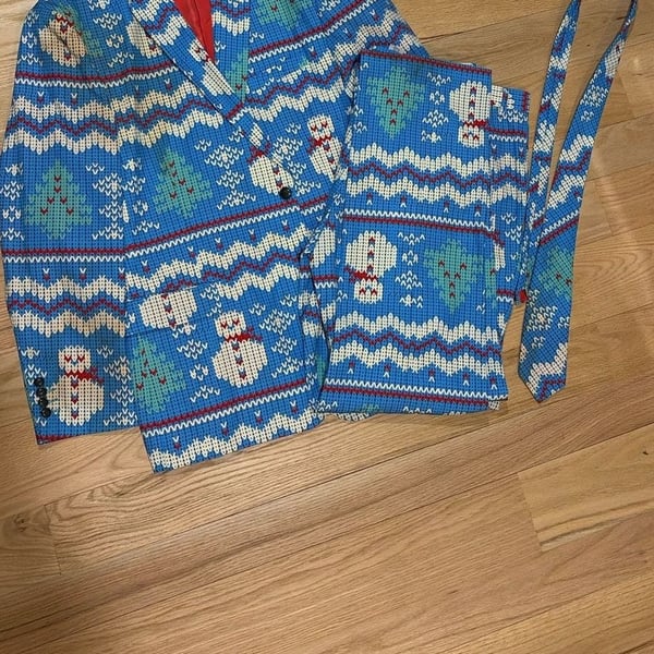 Shinesty Men's Blue Snowman and Christmas Tree Holiday Suit Set with Blazer, Trousers, and Tie