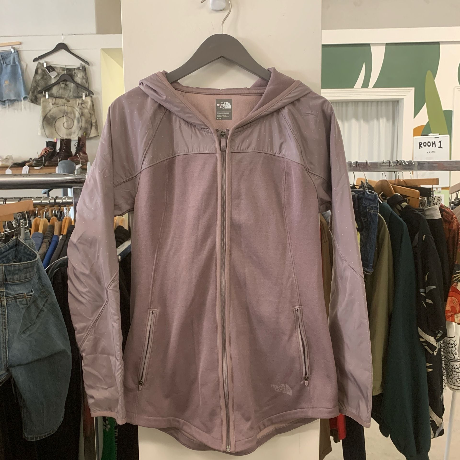 The North Face Women's Mauve Polka Dot Hybrid Full-Zip Performance Fleece Hoodie OF 2