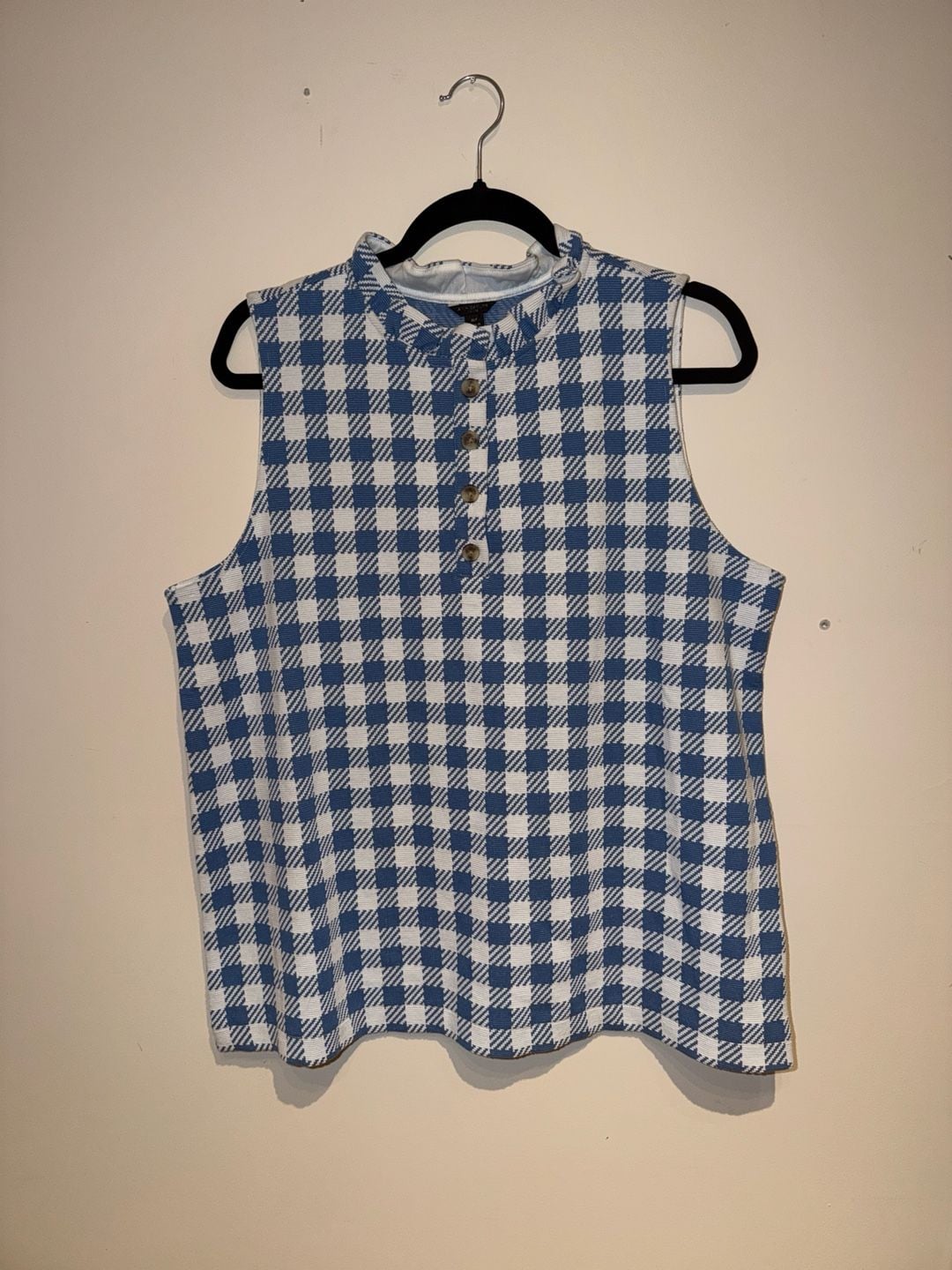 Ann Taylor Petite Blue and White Gingham Ruffle Neck Sleeveless Knit Top XL 5