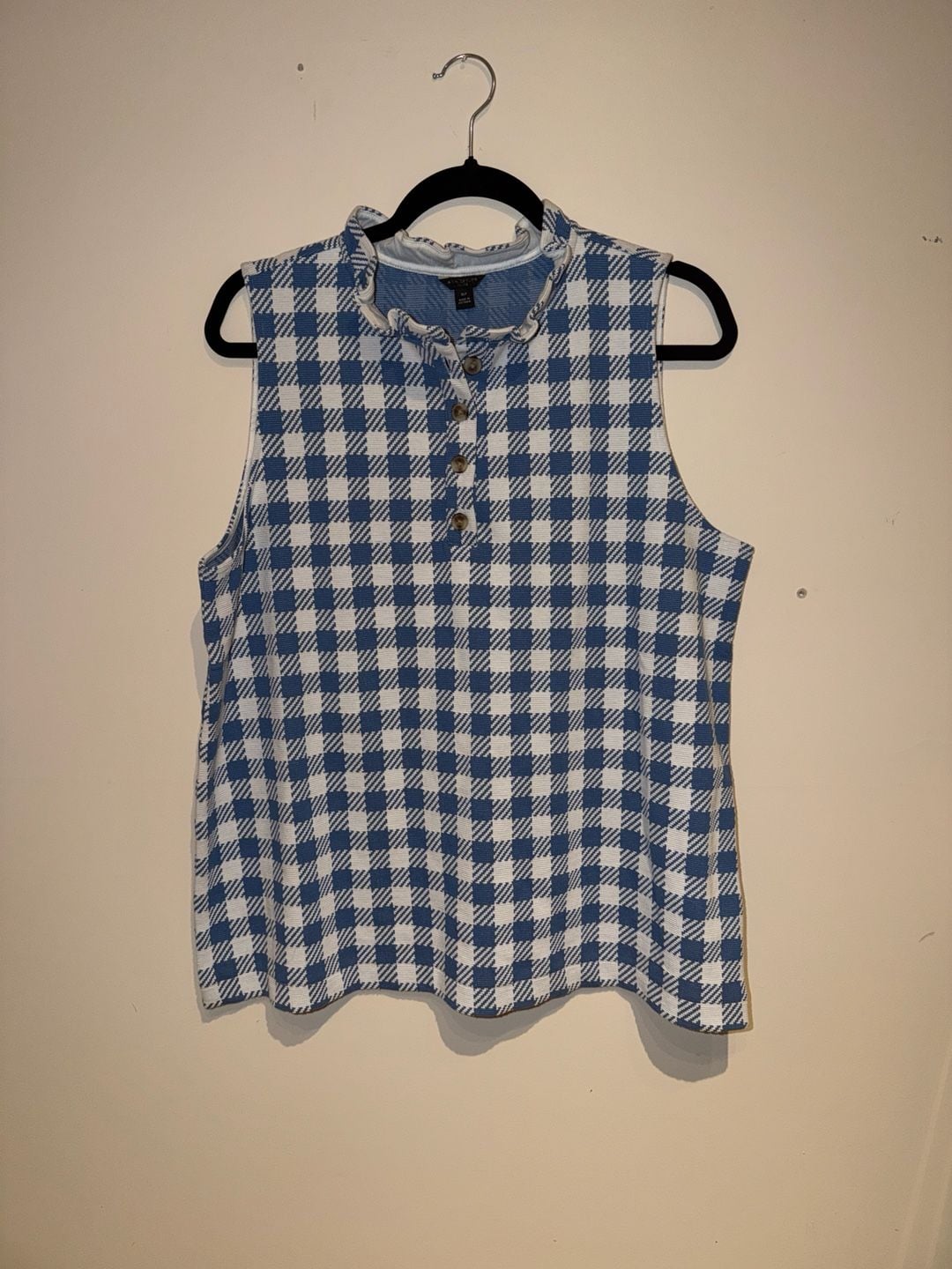 Ann Taylor Petite Blue and White Gingham Ruffle Neck Sleeveless Knit Top XL 8