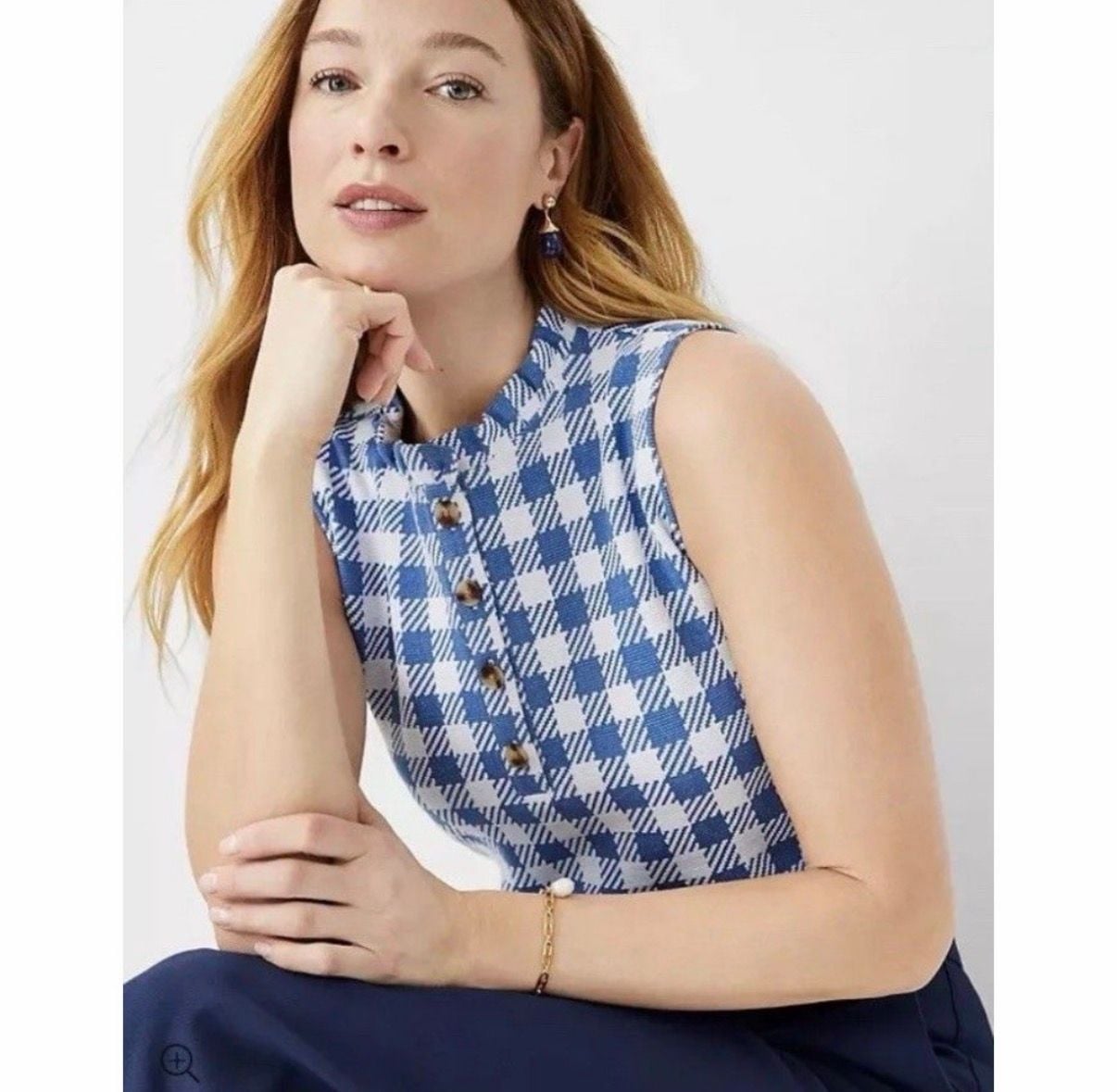 Ann Taylor Petite Blue and White Gingham Ruffle Neck Sleeveless Knit Top XL 2