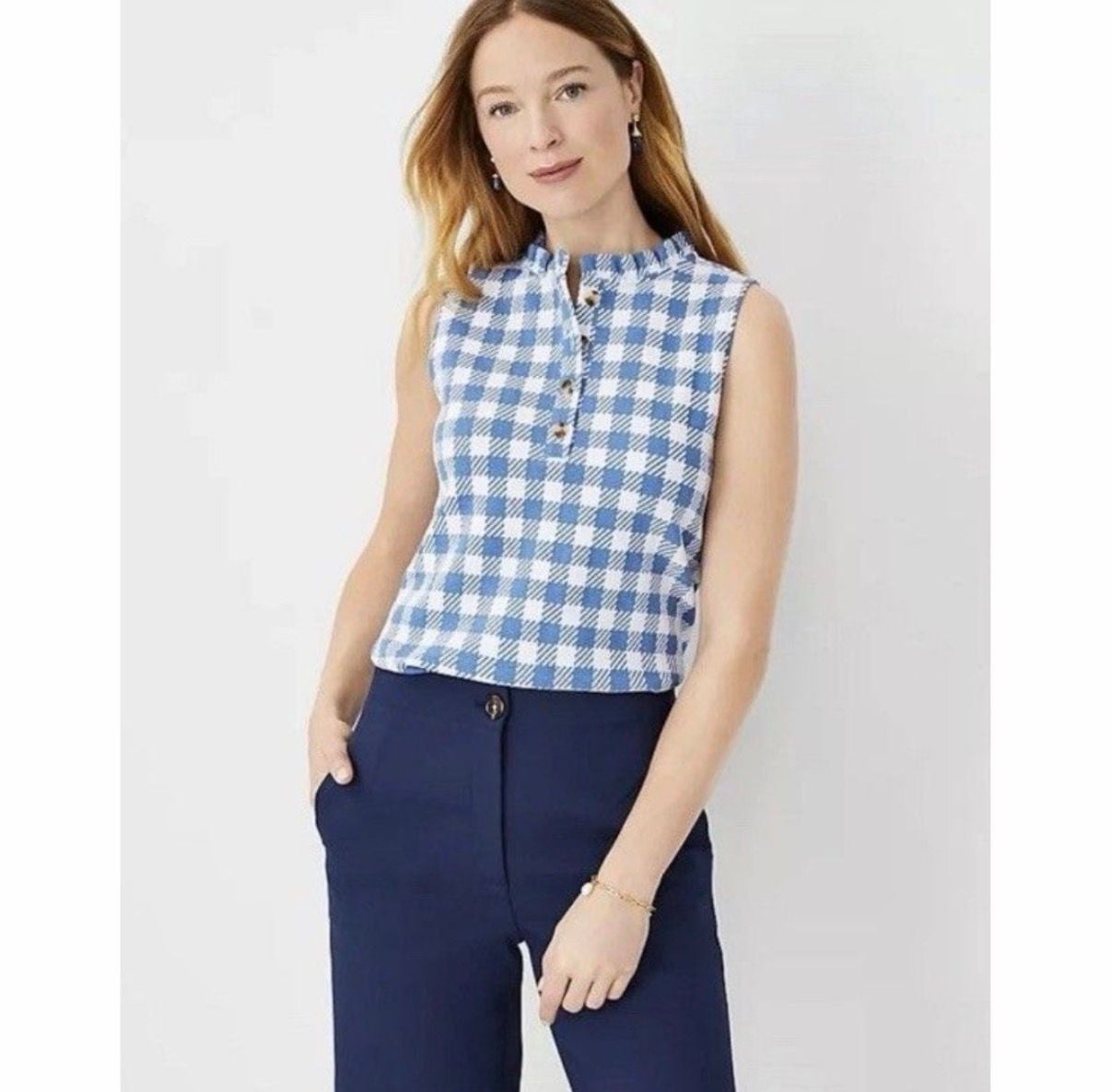 Ann Taylor Petite Blue and White Gingham Ruffle Neck Sleeveless Knit Top XL 3