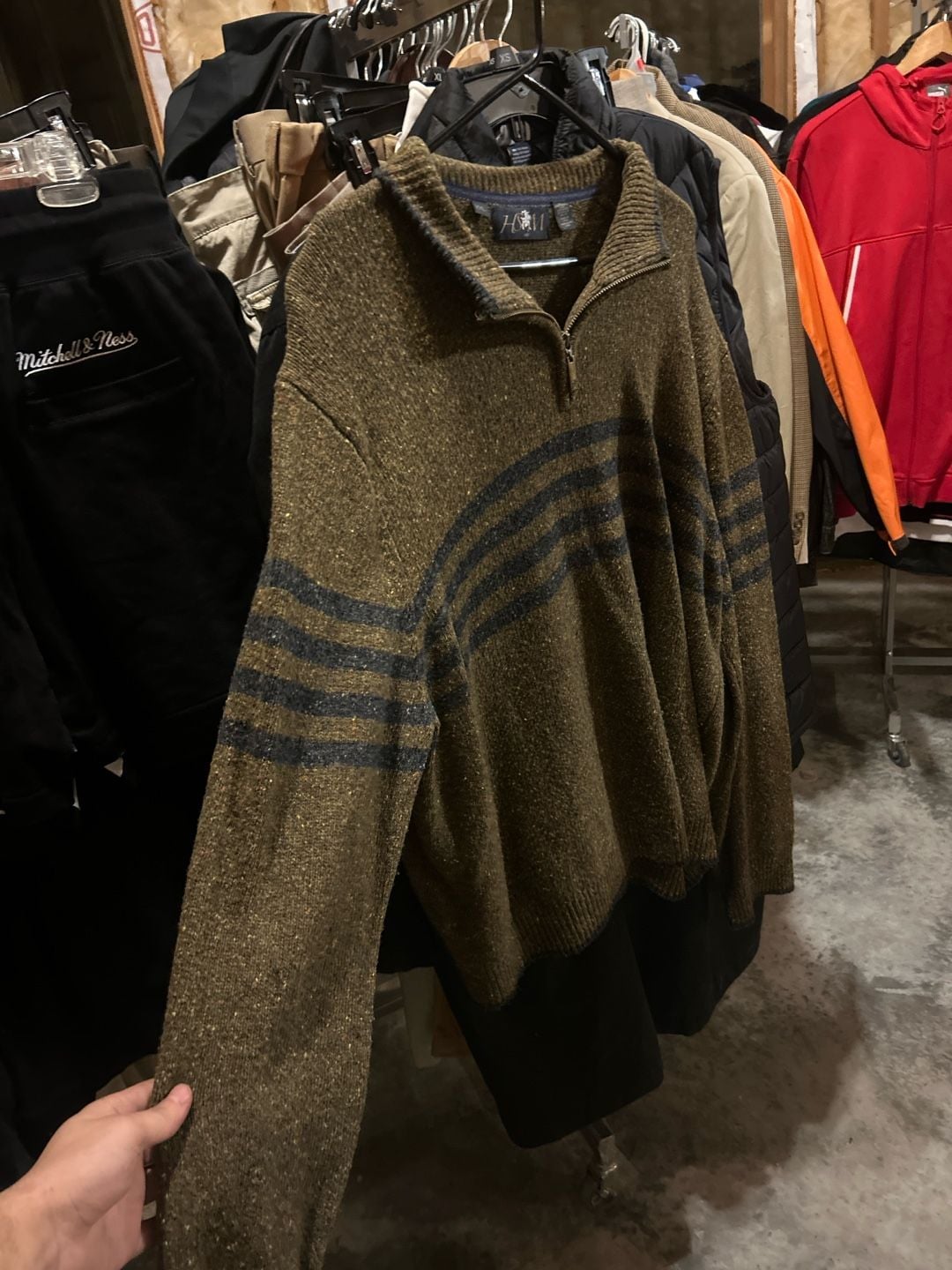 Hart Schaffner Marx HSM XXL 1/4 Zip Lambswool Blend Marled Olive Striped Sweater 3