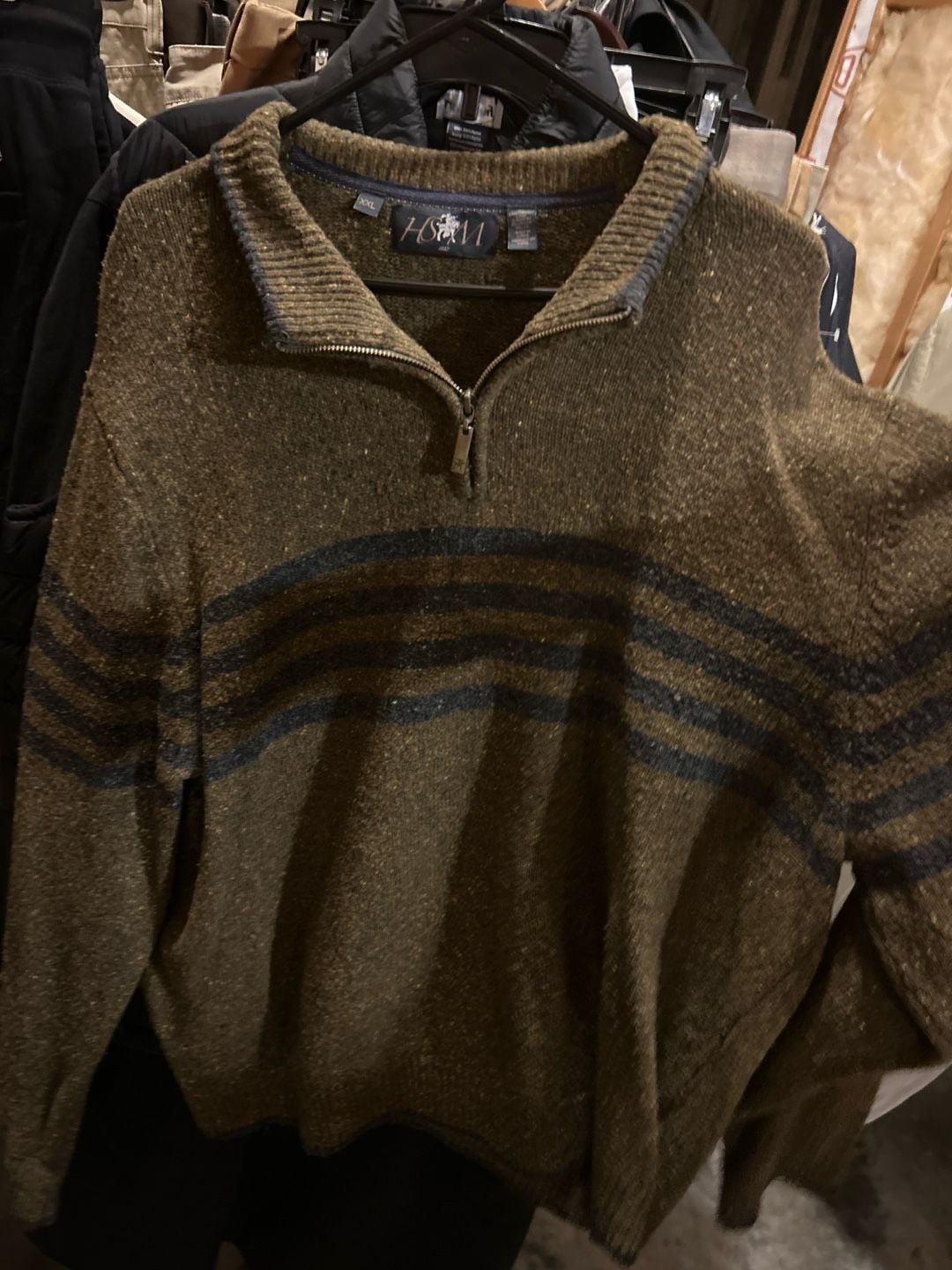 Hart Schaffner Marx HSM XXL 1/4 Zip Lambswool Blend Marled Olive Striped Sweater 5