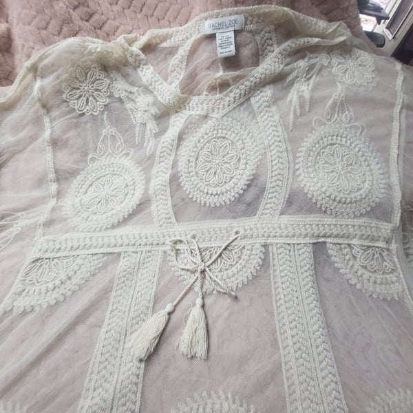 Rachel Zoe Ivory Crochet Lace Mesh Boho Tunic Top Swimwear Cover-Up One Size