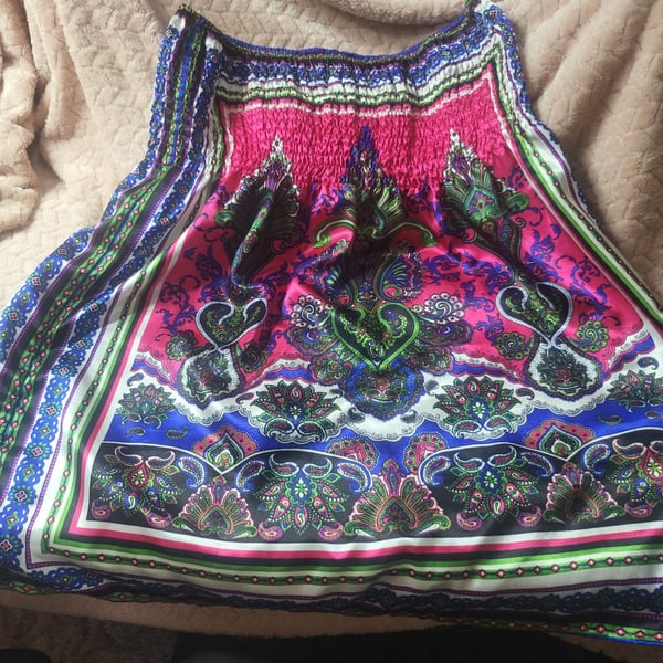 MYTH Women's 2X Vibrant Pink and Blue Paisley Scarf Print Smocked Mini Dress