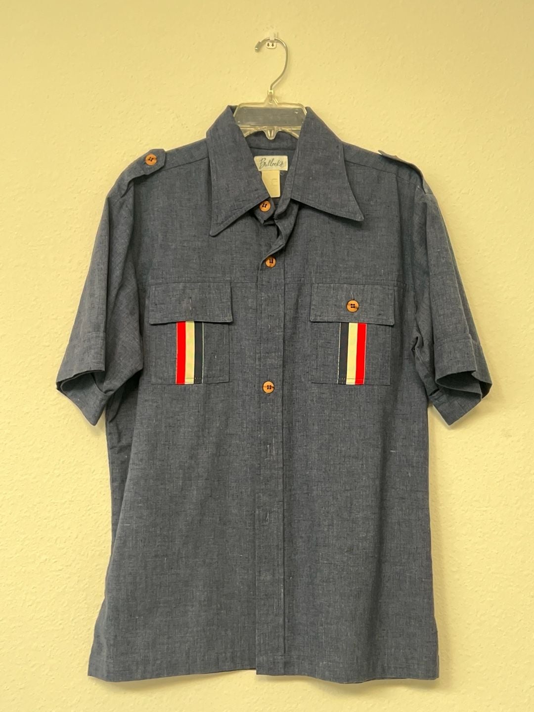 Vintage 70s Bullock's Blue Chambray Short Sleeve Safari Shirt with Racing Stripes 2