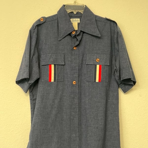 Vintage 70s Bullock's Blue Chambray Short Sleeve Safari Shirt with Racing Stripes