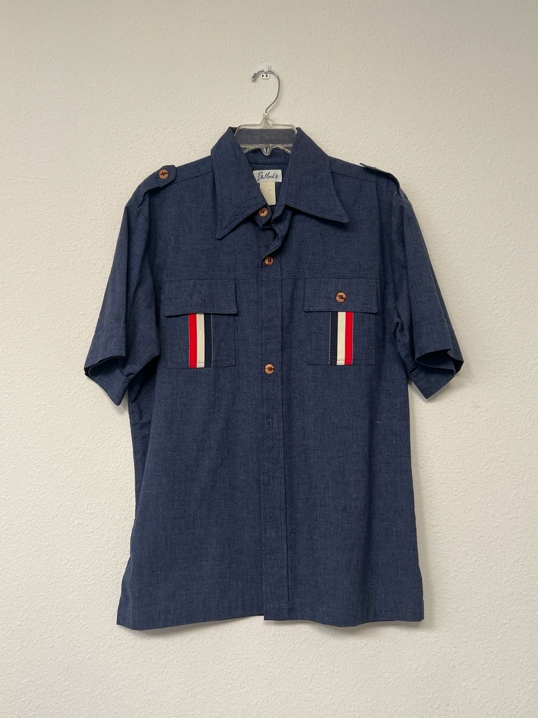 Vintage 70s Bullock's Blue Chambray Short Sleeve Safari Shirt with Racing Stripes 3