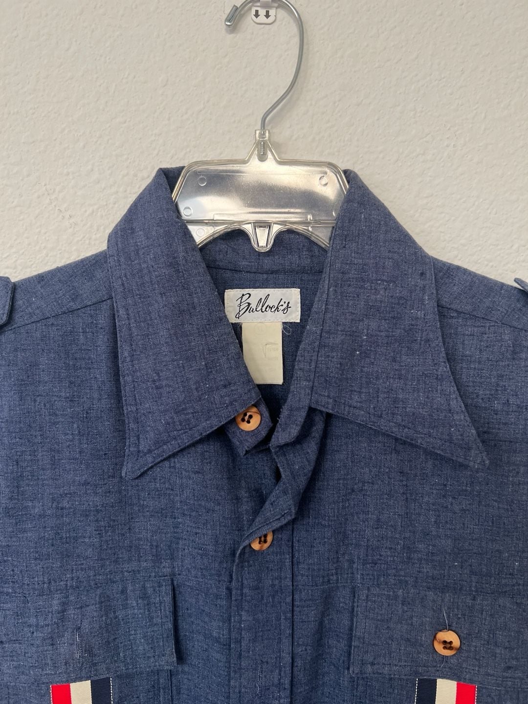 Vintage 70s Bullock's Blue Chambray Short Sleeve Safari Shirt with Racing Stripes 4