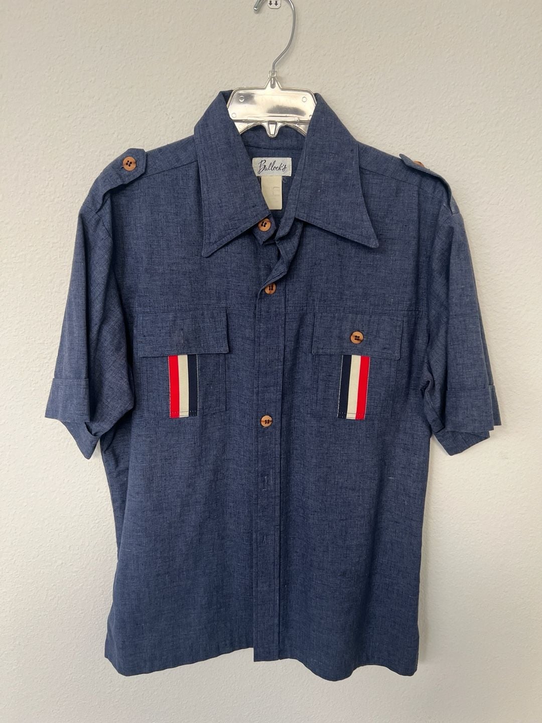 Vintage 70s Bullock's Blue Chambray Short Sleeve Safari Shirt with Racing Stripes 5