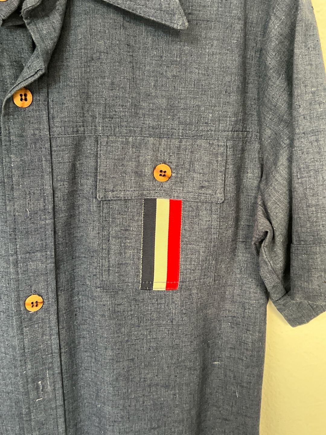 Vintage 70s Bullock's Blue Chambray Short Sleeve Safari Shirt with Racing Stripes 6