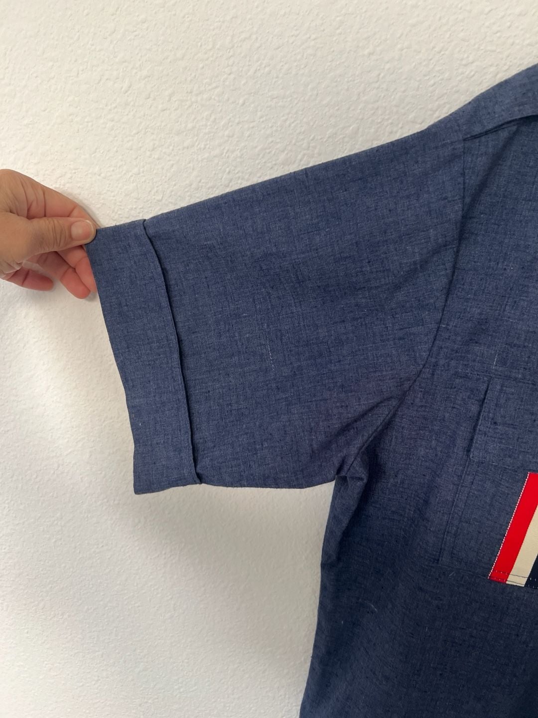 Vintage 70s Bullock's Blue Chambray Short Sleeve Safari Shirt with Racing Stripes 8