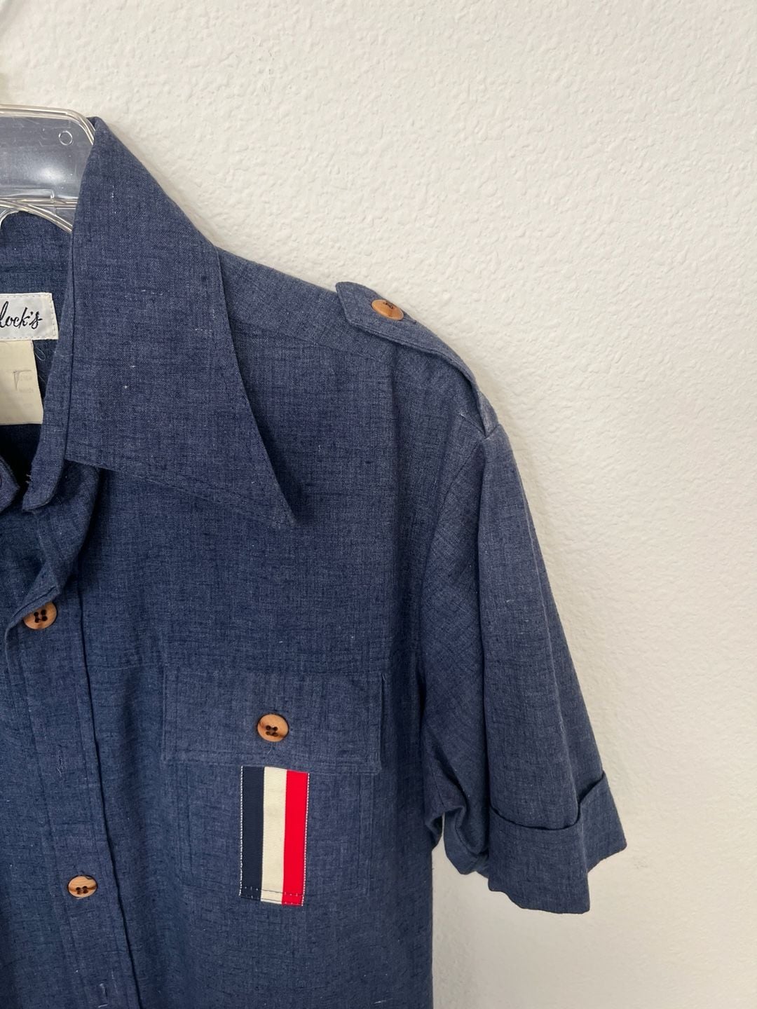 Vintage 70s Bullock's Blue Chambray Short Sleeve Safari Shirt with Racing Stripes 10