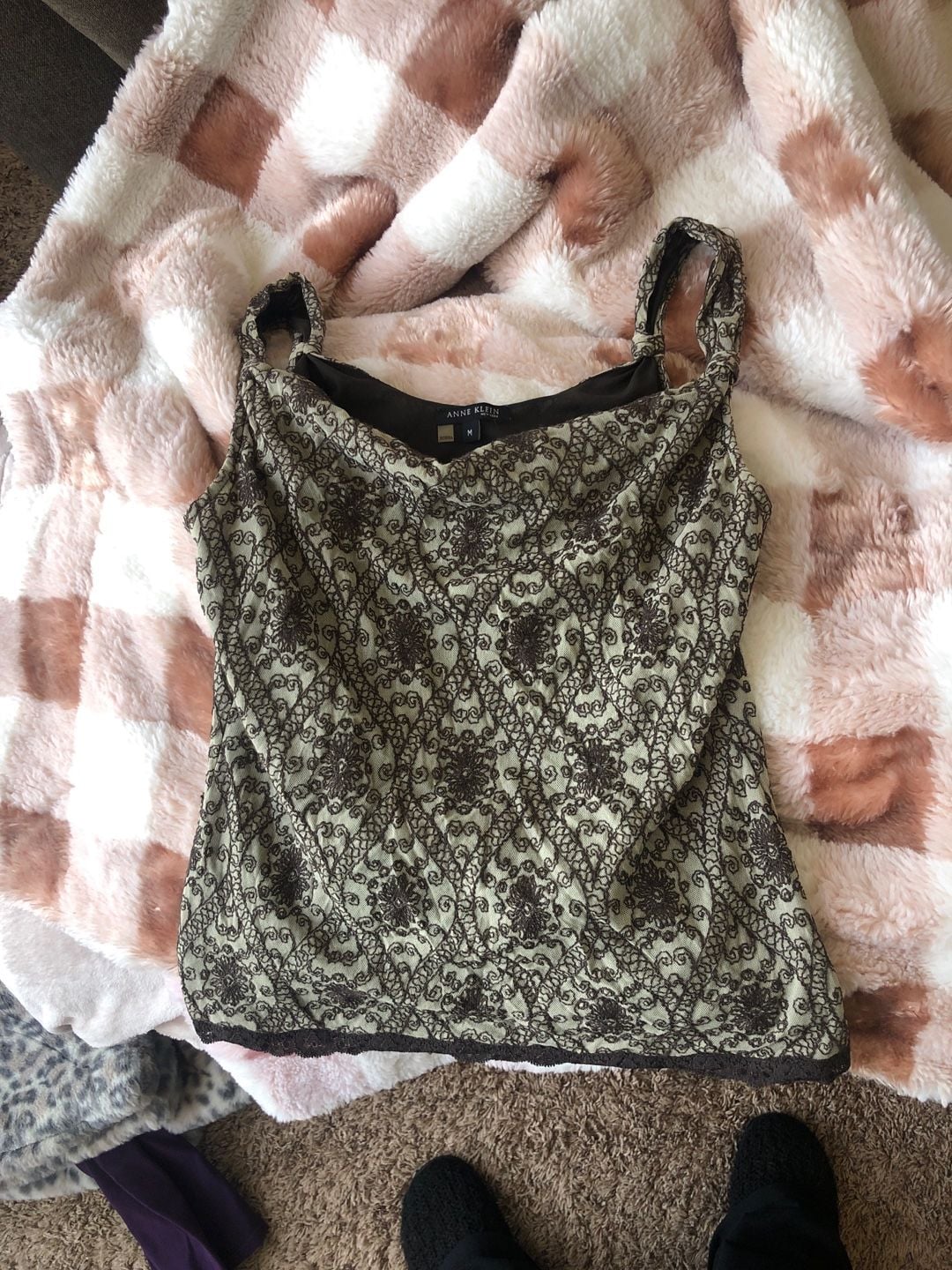 Anne Klein Vintage Brown Floral Mesh Overlay Lace Trim Camisole Tank Top 2