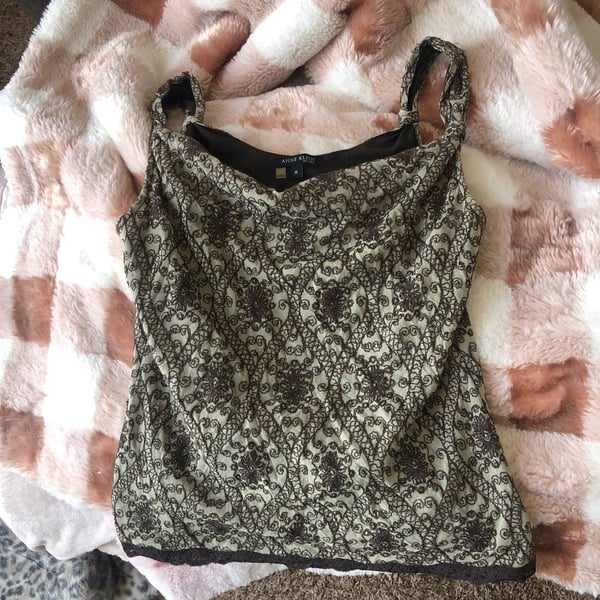 Anne Klein Vintage Brown Floral Mesh Overlay Lace Trim Camisole Tank Top